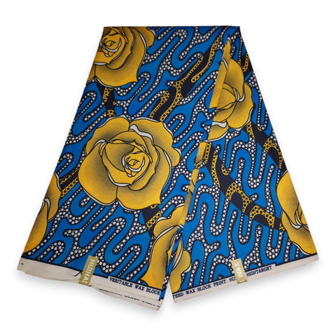 African print fabric - Blue Yellow Rose - Polycotton