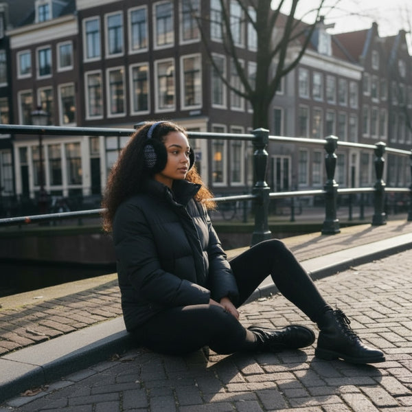 African Print Earmuffs - Foldable Winter Ear Warmers - Blue Bogolan