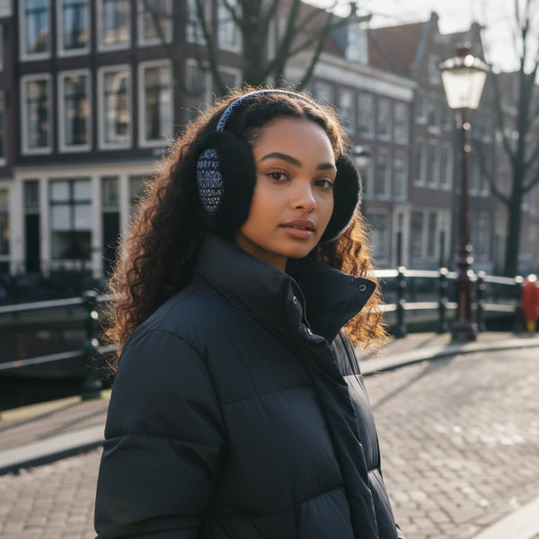 African Print Earmuffs - Foldable Winter Ear Warmers - Blue Bogolan
