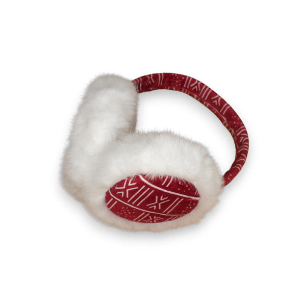 African Print Earmuffs - Foldable Winter Ear Warmers - Red White Bogolan