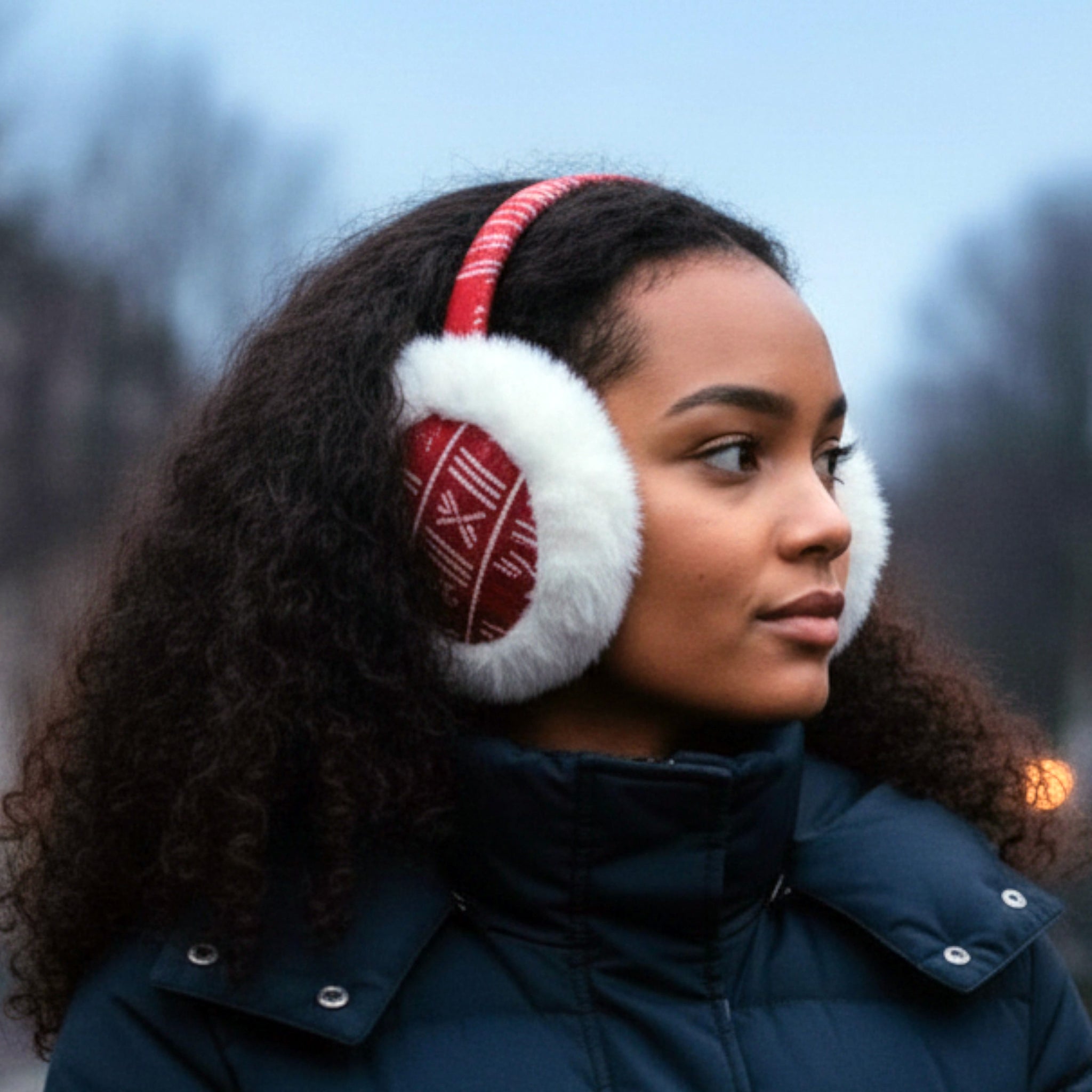 African Print Earmuffs - Foldable Winter Ear Warmers - Red White