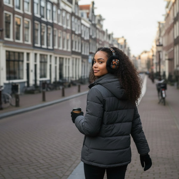 African Print Earmuffs - Foldable Winter Ear Warmers - Brown Cross Bogolan