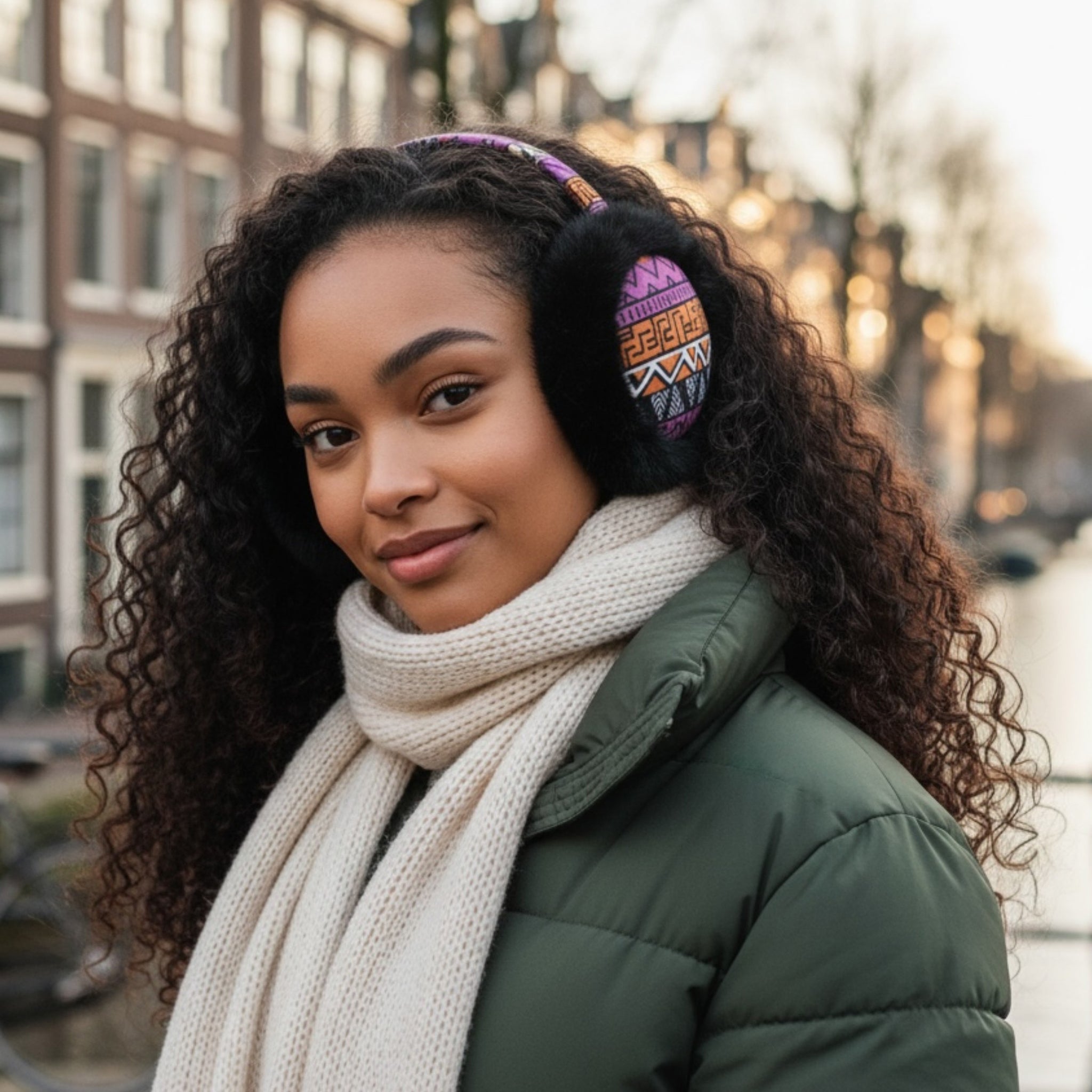 African Print Earmuffs - Foldable Winter Ear Warmers - Pink Orange