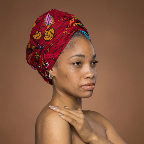 XL Easy headwrap - Satin lined hair bonnet - Red Yellow Botanical Flow