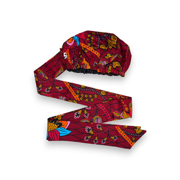 XL Easy headwrap - Satin lined hair bonnet - Red Yellow Botanical Flow
