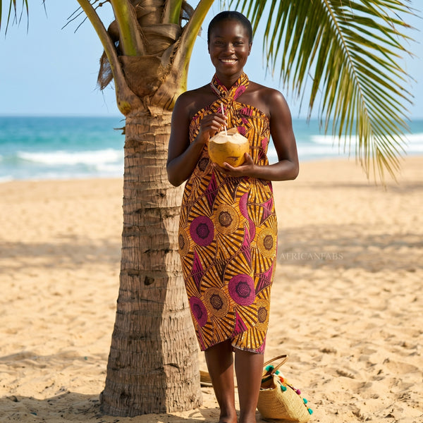 Sarong / pareo - Cotton Beachwear wrap skirt / baby carrier wrap - Brown Yellow Circle Rays
