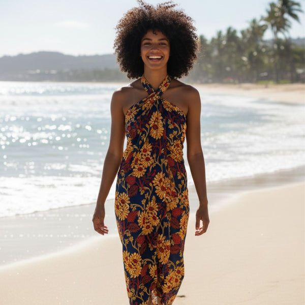 Sarong / pareo - Cotton Beachwear wrap skirt / baby carrier wrap - Blue and Yellow Floral Vines