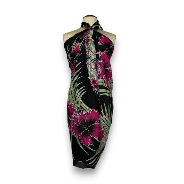 Sarong / pareo - Beachwear wrap skirt - Black / pink flower