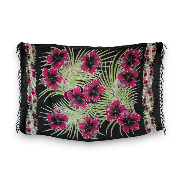 Sarong / pareo - Beachwear wrap skirt - Black / pink flower