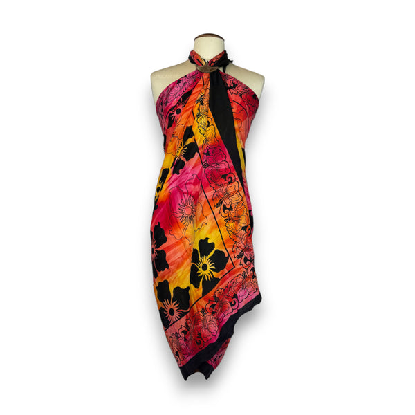 Sarong / pareo - Beachwear wrap skirt - Black flower sunset