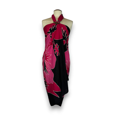 Handpainted Sarong / pareo - Beachwear wrap skirt - Black / red hibiscus flower