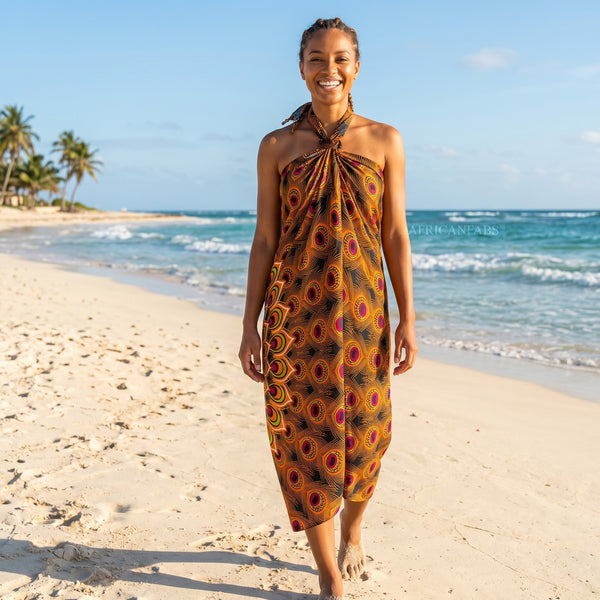 Sarong / pareo - Beachwear wrap skirt - Brown Orange Peacock Sunset