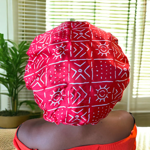 LARGE Shower cap for full hair / curls - African print Red White bogolan