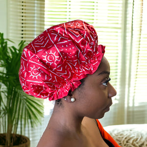 LARGE Shower cap for full hair / curls - African print Red White bogolan