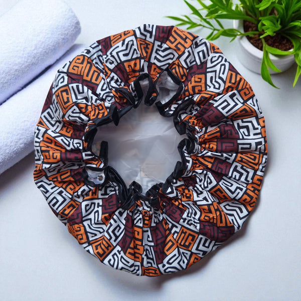 LARGE Shower cap for full hair / curls - African print Brown & Yellow-Orange Kuba Blocks Congo
