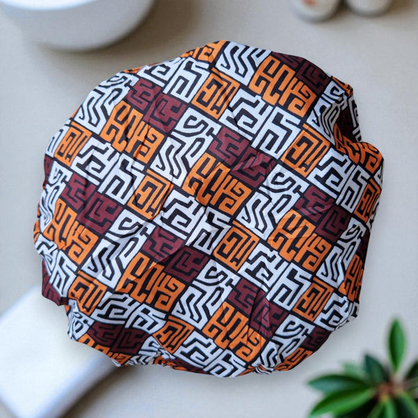 LARGE Shower cap for full hair / curls - African print Brown & Yellow-Orange Kuba Blocks Congo