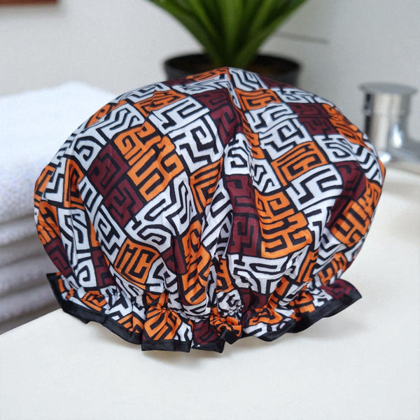LARGE Shower cap for full hair / curls - African print Brown & Yellow-Orange Kuba Blocks Congo