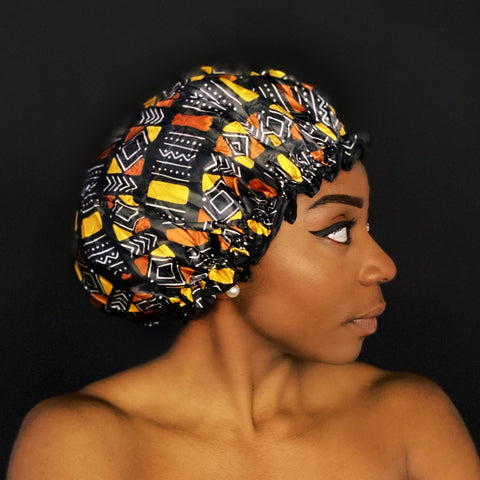 LARGE Shower cap for full hair / curls - African print Brown / beige bogolan