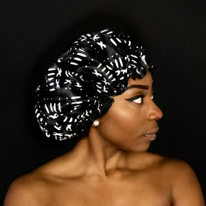 LARGE Shower cap for full hair / curls - African print Black White bogolan