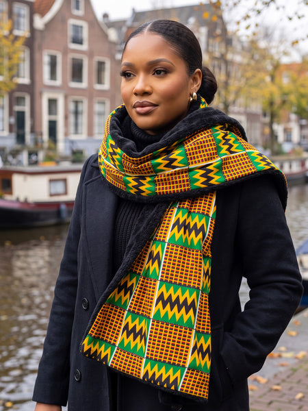 African print Winter scarf Unisex - Slim model - Green Kente Print Zigzag