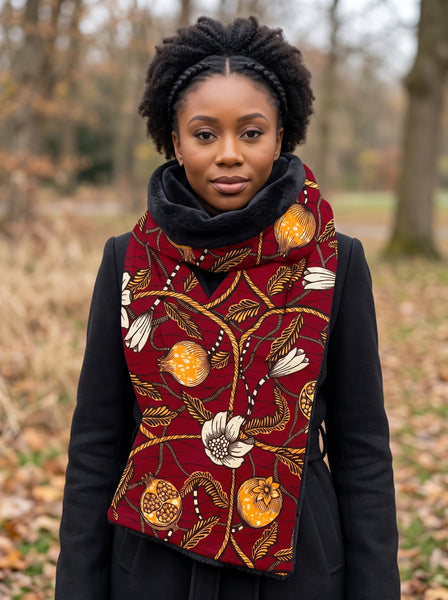 African print Winter scarf Unisex - Slim model - Burgundy Mustard Pomegranate Garden