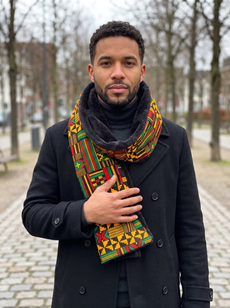 African print Winter scarf Unisex - Slim model - Black Green Kente Print