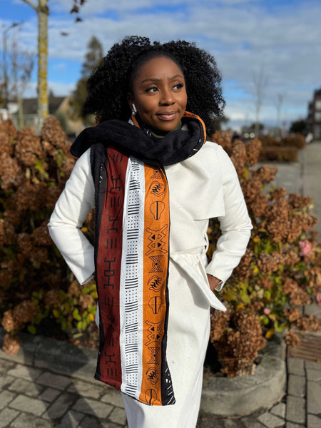 African print Winter scarf Unisex - Slim model - Brown Bogolan Symbols
