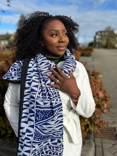 African print Winter scarf Unisex - Slim model - Blue Ndop Cameroon