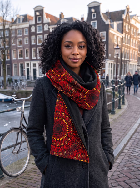 African print Winter scarf Unisex - Slim model - Red Sunfire Bloom