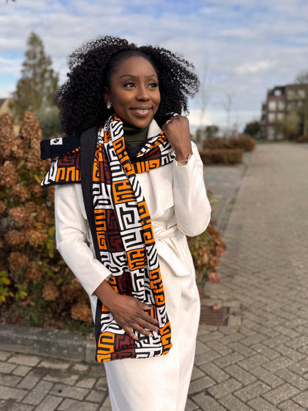 African print Winter scarf Unisex - Slim model - Brown Kuba Blocks
