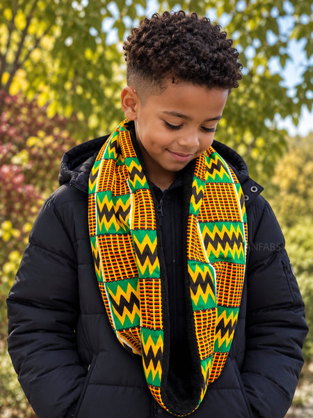 African print Turtleneck Winter scarf for Kids Unisex - Green Kente Print Zigzag