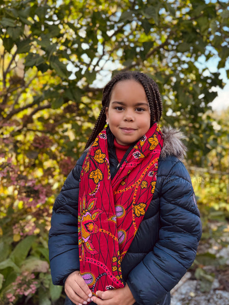 African print Turtleneck Winter scarf for Kids Unisex - Dark Red & Yellow Botanical Flow