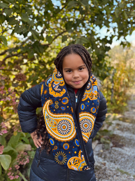 African print Turtleneck Winter scarf for Kids Unisex - Navy Blue Yellow Paisley