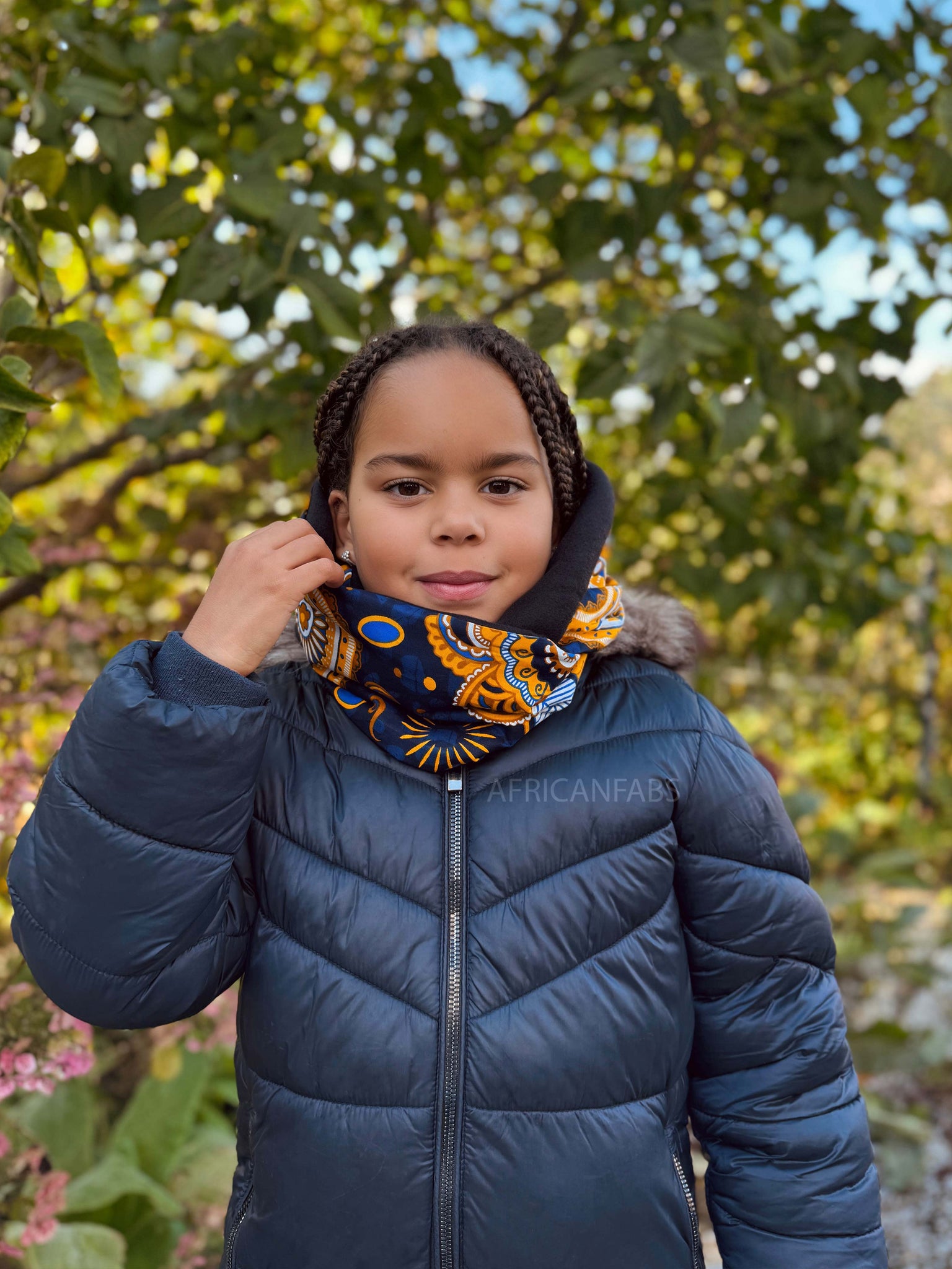 African print Turtleneck Winter scarf for Kids Unisex - Navy Blue Yellow Paisley