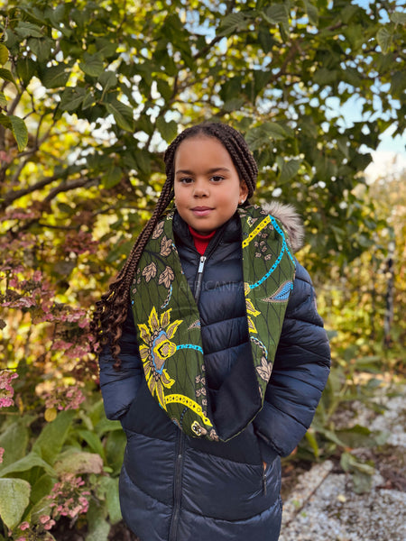 African print Turtleneck Winter scarf for Kids Unisex - Dark Green & Yellow Botanical Flow