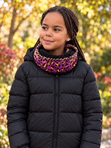African print Turtleneck Winter scarf for Kids Unisex - Purple Leopard Spots
