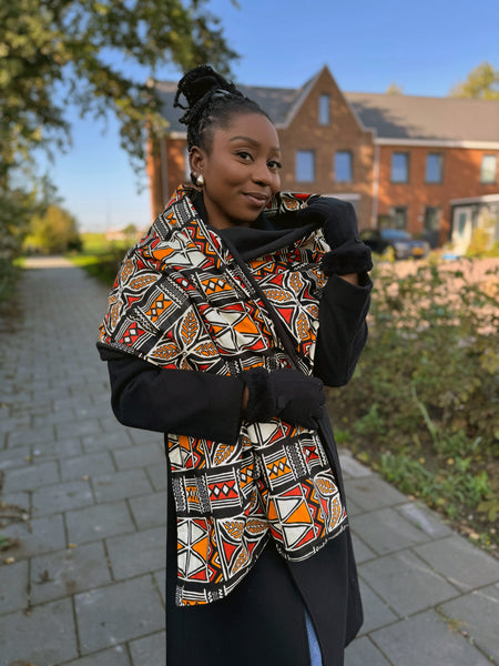 African print Winter scarf for Adults Unisex - Red / Orange bogolan symbols