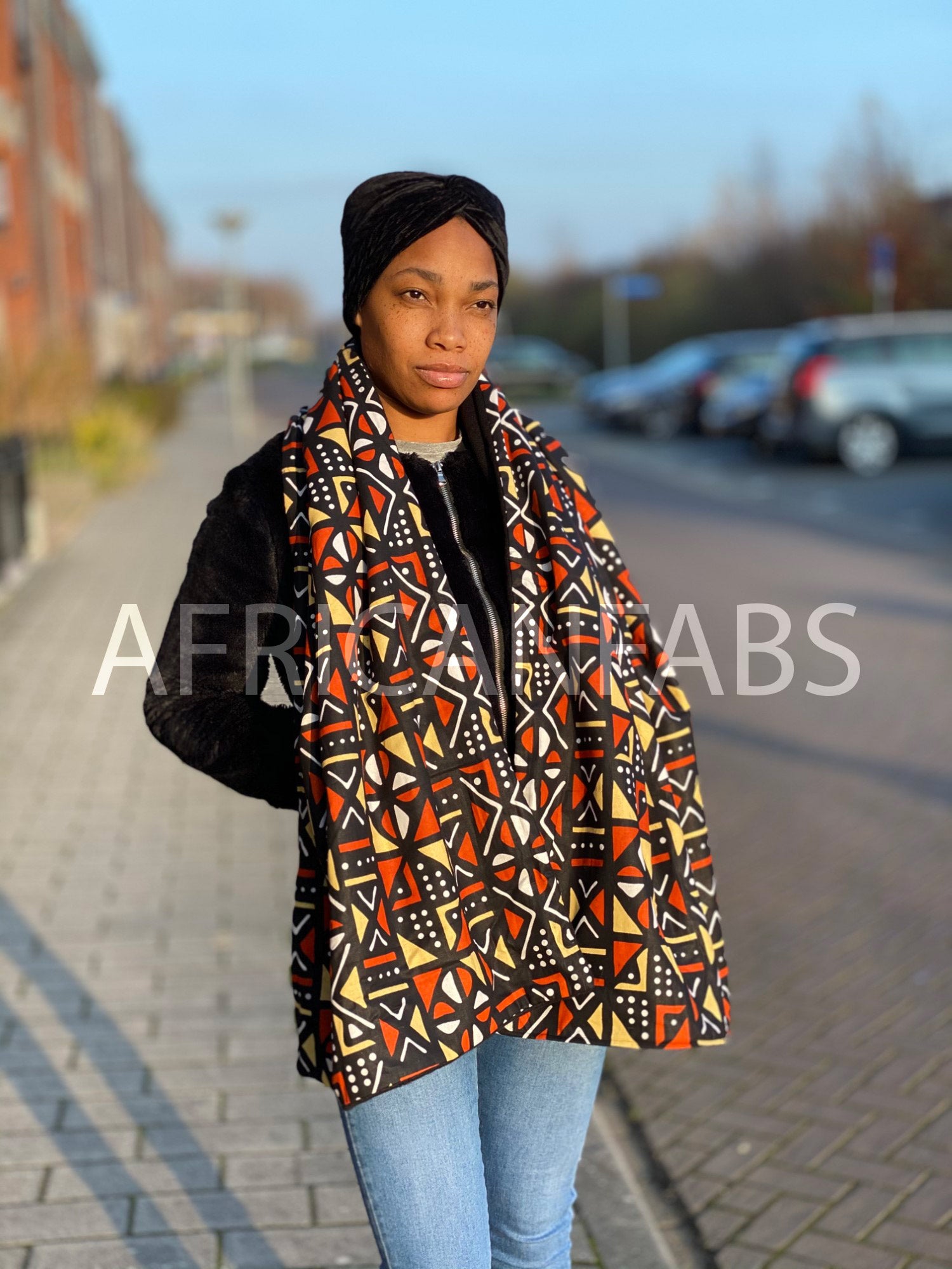 African print Winter scarf for Adults Unisex - Brown Bogolan