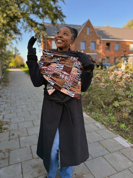 African print Winter scarf for Adults Unisex - Brown Bogolan Mosaic