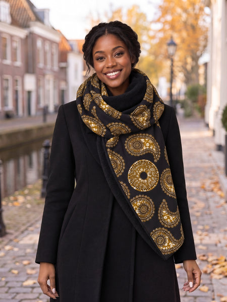 African print Winter scarf for Adults Unisex - Black Olive Paisley Sun