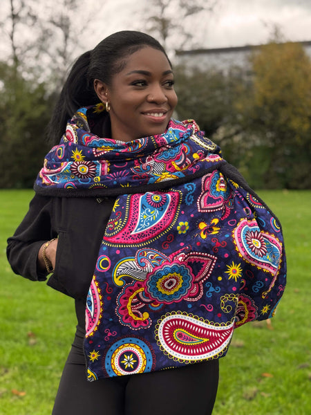 African print Winter scarf for Adults Unisex - Blue Pink Paisley
