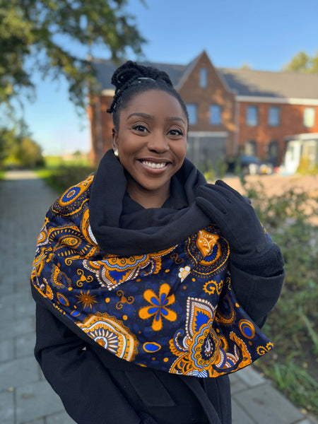 African print Winter scarf for Adults Unisex - Dark Blue / Yellow Paisley
