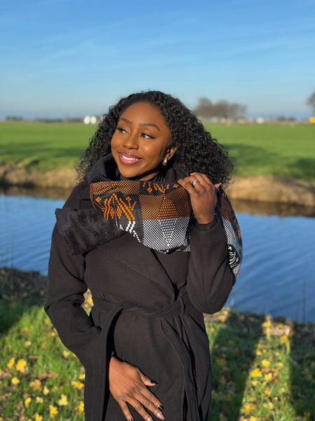 African print Winter scarf Unisex - Slim model - Orange tribal patterns