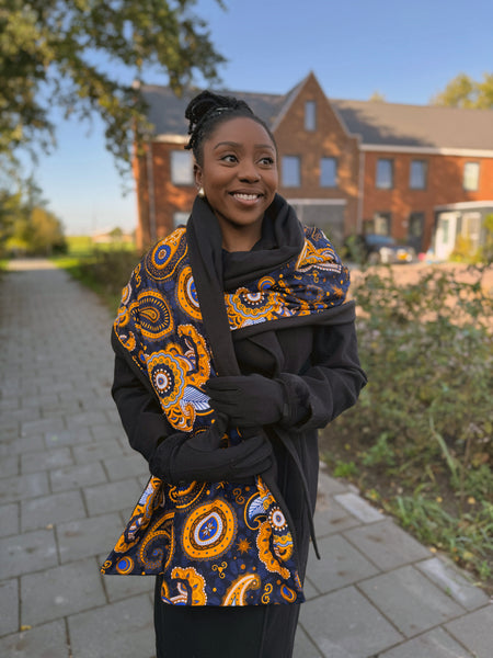 African print Winter scarf for Adults Unisex - Dark Blue / Yellow Paisley