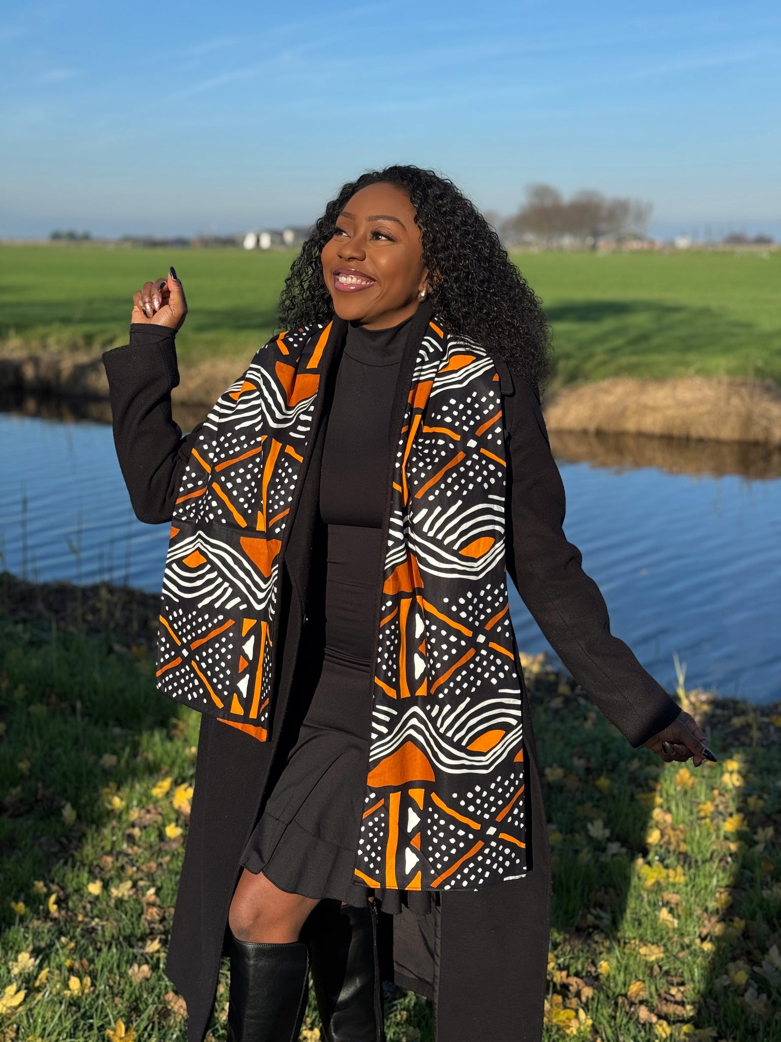 African print Winter scarf Unisex - Slim model - Orange Brown bogolan