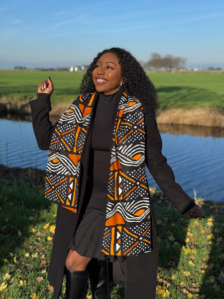 African print Winter scarf Unisex - Slim model - Orange Brown bogolan