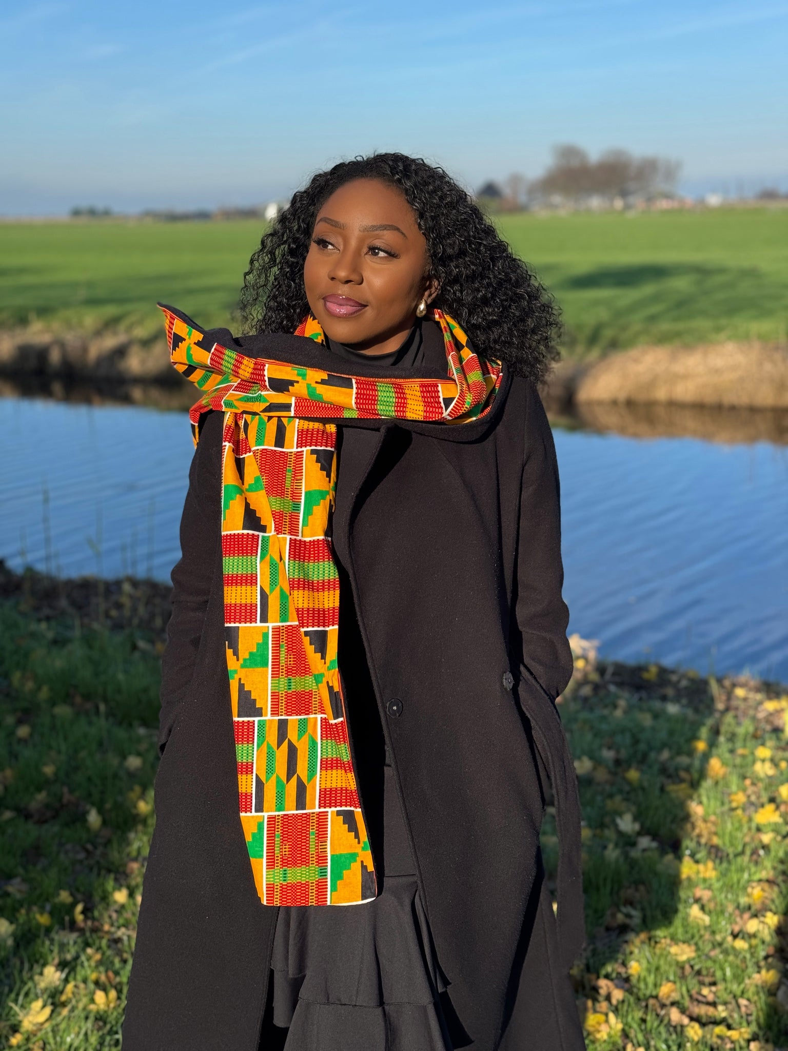 African print Winter scarf Unisex - Slim model - Yellow Green Kente