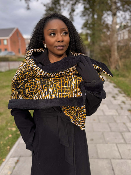 African print Winter scarf for Adults Unisex - Black Yellow Ndop Cameroon