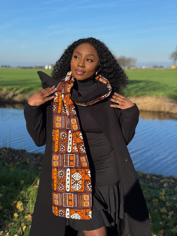 African print Winter scarf Unisex - Slim model - Brown Patterns Bogolan