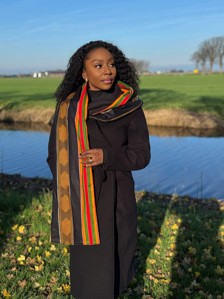 African print Winter scarf Unisex - Slim model - Black Pan African Kente